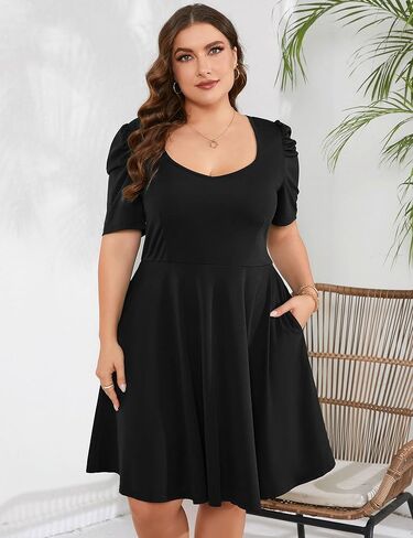 فستان نسائي متوسط ​​الطول برقبة على شكل V وأكمام قصيرة وخصر عالٍ لحفلات الكوكتيل مع جيوب in Kuwait