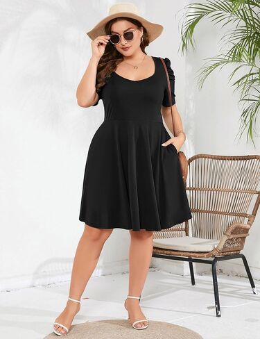 فستان نسائي متوسط ​​الطول برقبة على شكل V وأكمام قصيرة وخصر عالٍ لحفلات الكوكتيل مع جيوب in Kuwait