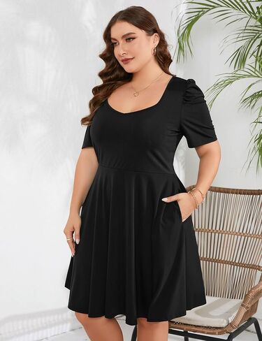 فستان نسائي متوسط ​​الطول برقبة على شكل V وأكمام قصيرة وخصر عالٍ لحفلات الكوكتيل مع جيوب in Kuwait