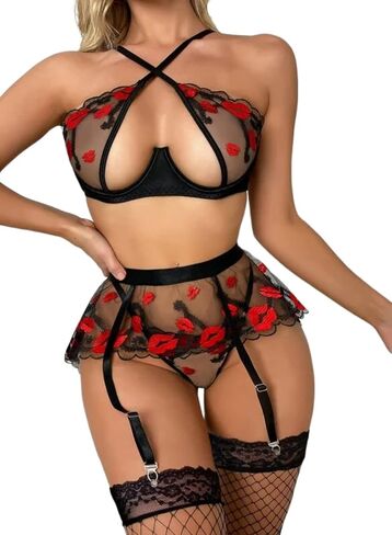 EVELUST Womens Sexy Lips Embroidery Lingerie - Underwire Top Cut Out Bra Thong Mesh Garter Belt 3 Pcs Set in Saudi Arabia