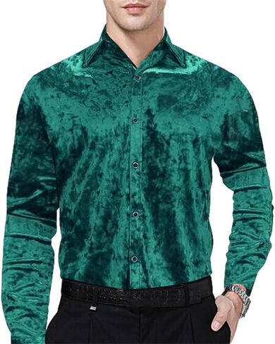 قمصان رجالي من KISSQIQI قمصان مخملية بأكمام طويلة وأزرار للأسفل وقميص عضلي ضيق مناسب لحفلات الزفاف in Kuwait