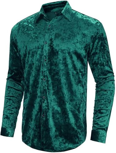 قمصان رجالي من KISSQIQI قمصان مخملية بأكمام طويلة وأزرار للأسفل وقميص عضلي ضيق مناسب لحفلات الزفاف in Kuwait