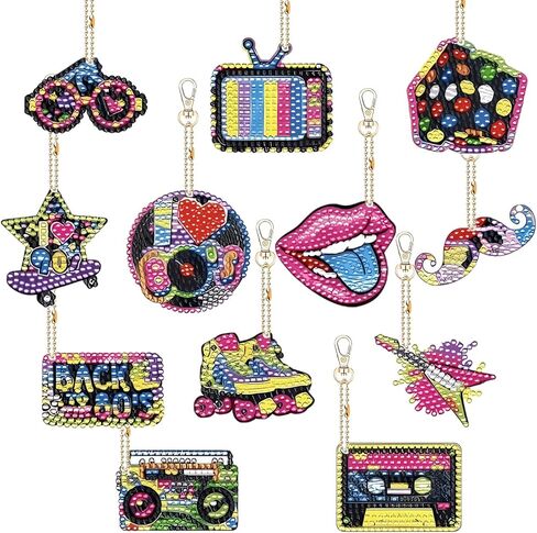 EVECILOO 80s 90s Theme DIY Diamond Painting Art Keychains، 80s / 90s Keychains، العودة إلى سلاسل المفاتيح تحت عنوان 90s، ديكور مع حلقات المفاتيح لثمانينيات / تسعينيات الهيب هوب in Kuwait