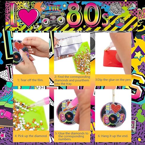 EVECILOO 80s 90s Theme DIY Diamond Painting Art Keychains، 80s / 90s Keychains، العودة إلى سلاسل المفاتيح تحت عنوان 90s، ديكور مع حلقات المفاتيح لثمانينيات / تسعينيات الهيب هوب in Kuwait