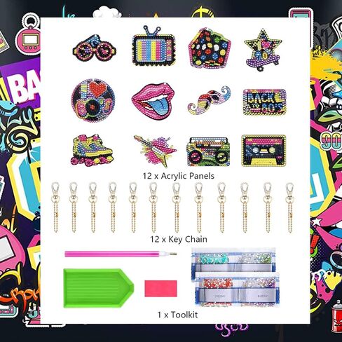 EVECILOO 80s 90s Theme DIY Diamond Painting Art Keychains، 80s / 90s Keychains، العودة إلى سلاسل المفاتيح تحت عنوان 90s، ديكور مع حلقات المفاتيح لثمانينيات / تسعينيات الهيب هوب in Kuwait