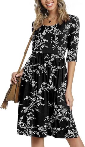 CATHY Women's 3/4 Sleeve 2024 Casual High Waist Round Neck Midi Dress with Pockets in Kuwait