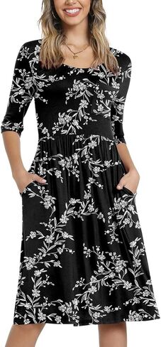 CATHY Women's 3/4 Sleeve 2024 Casual High Waist Round Neck Midi Dress with Pockets in Kuwait