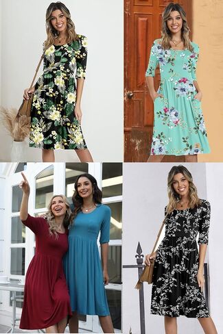 CATHY Women's 3/4 Sleeve 2024 Casual High Waist Round Neck Midi Dress with Pockets in Kuwait