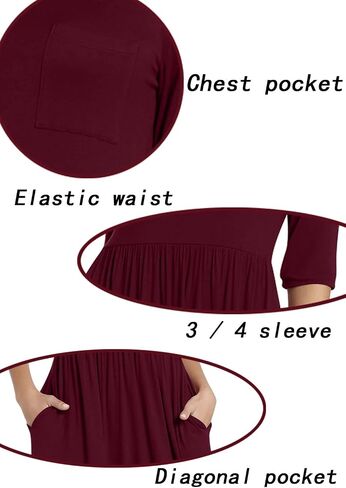 CATHY Women's 3/4 Sleeve 2024 Casual High Waist Round Neck Midi Dress with Pockets in Kuwait