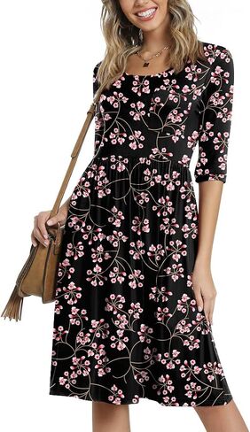 CATHY Women's 3/4 Sleeve 2024 Casual High Waist Round Neck Midi Dress with Pockets in Kuwait