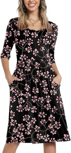 CATHY Women's 3/4 Sleeve 2024 Casual High Waist Round Neck Midi Dress with Pockets in Kuwait