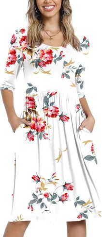 CATHY Women's 3/4 Sleeve 2024 Casual High Waist Round Neck Midi Dress with Pockets in Kuwait