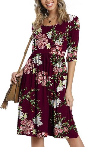 CATHY Women's 3/4 Sleeve 2024 Casual High Waist Round Neck Midi Dress with Pockets in Kuwait