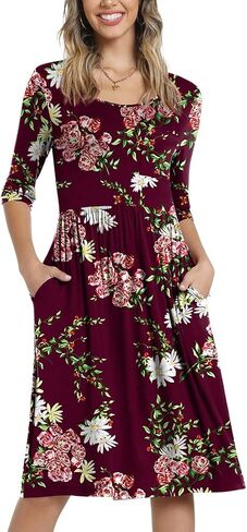 CATHY Women's 3/4 Sleeve 2024 Casual High Waist Round Neck Midi Dress with Pockets in Kuwait
