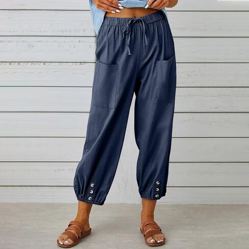 Womens Casual Linen Pants Summer Drawstring Elastic Loose Capri Trousers High Waisted Wide Leg Baggy Slacks in Saudi Arabia