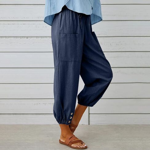 Womens Casual Linen Pants Summer Drawstring Elastic Loose Capri Trousers High Waisted Wide Leg Baggy Slacks in Saudi Arabia