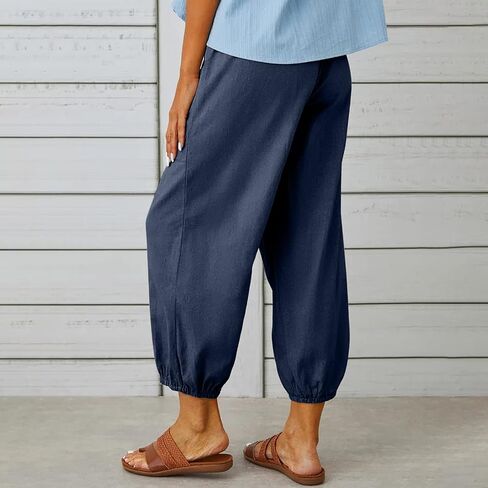 Womens Casual Linen Pants Summer Drawstring Elastic Loose Capri Trousers High Waisted Wide Leg Baggy Slacks in Saudi Arabia