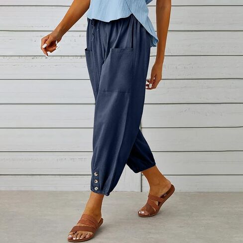 Womens Casual Linen Pants Summer Drawstring Elastic Loose Capri Trousers High Waisted Wide Leg Baggy Slacks in Saudi Arabia