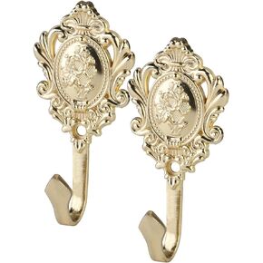 2-Pack Vintage Drapery Curtain Holdbacks Tieback Hooks Rose Pattern (Golden)