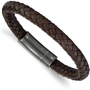Solid Stainless Steel Men's Brushed Brown Braided Genuine Leather 8.25in Bracelet 8.25"