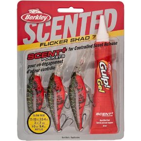 Berkley Scented Flicker Shad Pro 3 Pack Fishing Lure, Red Tiger, 5/16 oz, 2.75in | 7 cm, Size, Profile and Dive Depth Imitates Real Shad, Equipped with Fusion19 Hook