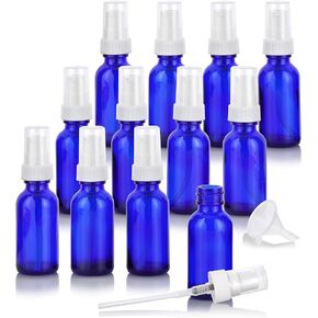 JUVITUS 1 oz / 30 ml Cobalt Blue Glass Boston Round Bottle with White Treatment Pump (12 pack) + Funnel