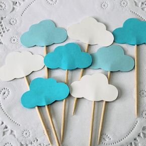 Small Cloud Cupcake Toppers - Cloud Baby Shower Toppers in Shades of Blue and White - Party Picks - Food Picks - Baby Sprinkle (Set of 24)