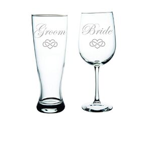 Groom beer and Bride wine glass with infinity heart (set of 2)