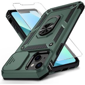 for iPhone 13 Mini Case with Camera Lens Cover, HD Screen Protector, 10 FT Military Grade Drop Protection, Magnetic Ring Holder Kickstand Protective Phone Case for iPhone 13 Mini (Pine Green)