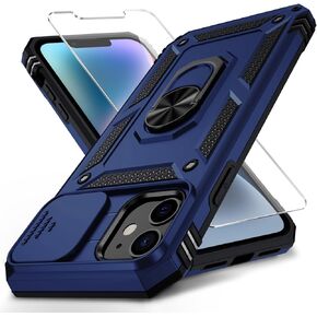 Weycolor for iPhone 12 / iPhone 12 Pro Case with Slide Camera Cover HD Screen Protector Heavy Duty Military Grade Shockproof Magnetic Ring Holder Kickstand Phone Case for iPhone 12/12 Pro,Navy Blue