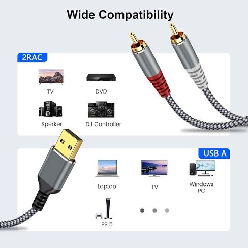 متوافق مع كابل صوت USB إلى RCA، محول مقسم Y ذكر 4FT USB إلى 2RCA ذكر لأجهزة الكمبيوتر المحمول USB A، Linux، Windows، أجهزة الكمبيوتر المكتبية، PS4 ومكبرات الصوت، المسرح المنزلي، مكبر الصوت in Kuwait