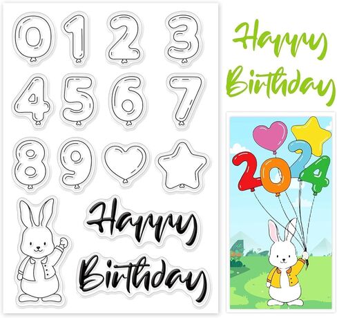 GLOBLELAND Happy Birthday and Number Clear Stamp 2024 Rabbit Silicone Clear Stamp Memorial Day Rubber Stamp for Scrapbook Journal Card Making 4.3x5.8inch in Saudi Arabia