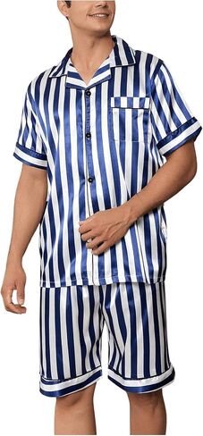 WDIRARA Men's 2 Piece Sleepwear Striped Print Short Sleeve Button Down Shirt and Shorts Pajama Set in Saudi Arabia