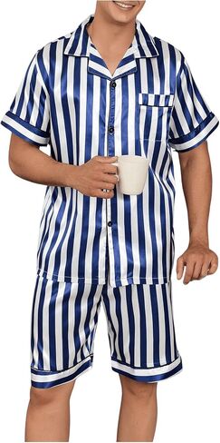 WDIRARA Men's 2 Piece Sleepwear Striped Print Short Sleeve Button Down Shirt and Shorts Pajama Set in Saudi Arabia