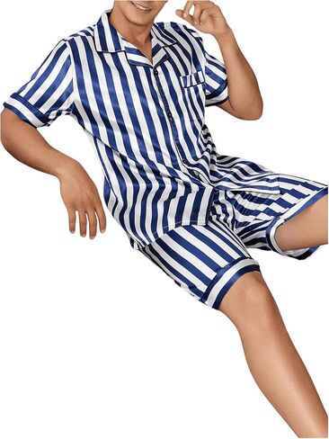 WDIRARA Men's 2 Piece Sleepwear Striped Print Short Sleeve Button Down Shirt and Shorts Pajama Set in Saudi Arabia