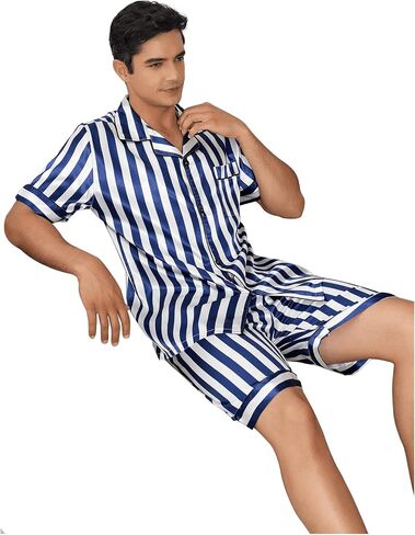 WDIRARA Men's 2 Piece Sleepwear Striped Print Short Sleeve Button Down Shirt and Shorts Pajama Set in Saudi Arabia