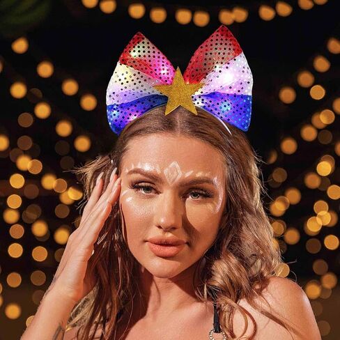 DRESBE Light Up July Fourth Headband LED Sequin Star Bow Headbands Independence Day Holiday Party Hair Accessories for Women in Saudi Arabia