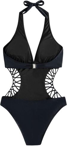 SweatyRocks Women's Deep V Neck Cutout High Waisted Halter Monokini One Piece Swimsuit Solid Black S in Saudi Arabia