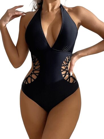 SweatyRocks Women's Deep V Neck Cutout High Waisted Halter Monokini One Piece Swimsuit Solid Black S in Saudi Arabia