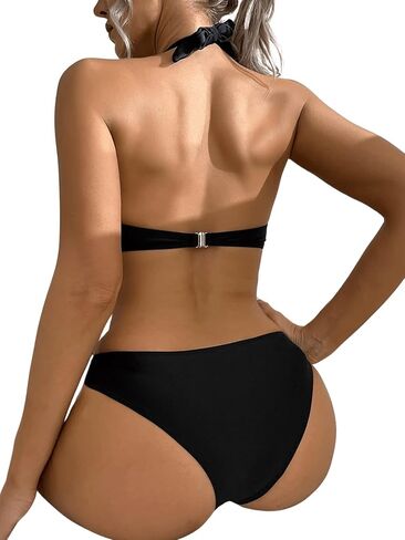 SweatyRocks Women's Deep V Neck Cutout High Waisted Halter Monokini One Piece Swimsuit Solid Black S in Saudi Arabia