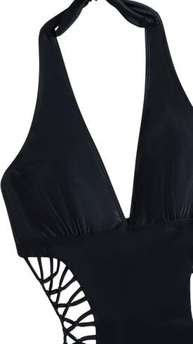 SweatyRocks Women's Deep V Neck Cutout High Waisted Halter Monokini One Piece Swimsuit Solid Black S in Saudi Arabia