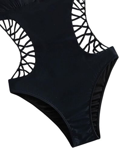 SweatyRocks Women's Deep V Neck Cutout High Waisted Halter Monokini One Piece Swimsuit Solid Black S in Saudi Arabia