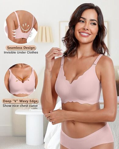 Wireless Seamless Bras for Women No Underwire Wavy V Neck Soft Support Full Coverage Comfortable Bra in Saudi Arabia