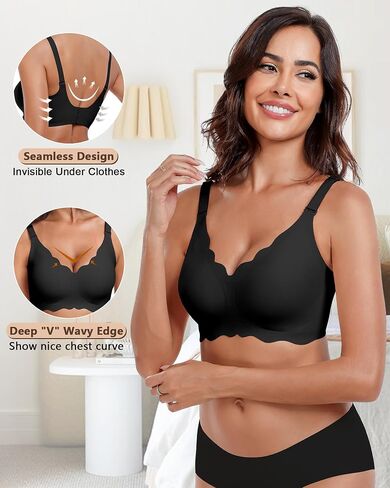 Wireless Seamless Bras for Women No Underwire Wavy V Neck Soft Support Full Coverage Comfortable Bra in Saudi Arabia