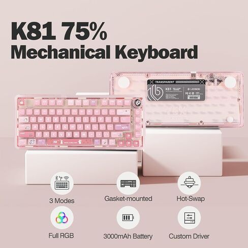 EPOMAKER x LEOBOG K81 Gasket-mounted Custom Mechanical Keyboard with Knob, BT5.0 2.4G/ USB-C Wired Wireless Gaming Keyboard, Hot Swappable, NKRO, for Win/Mac (Pink Bunny, Ice Crystal Switch) in Saudi Arabia