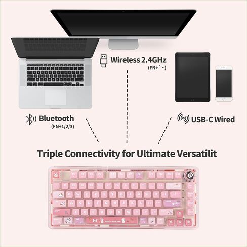 EPOMAKER x LEOBOG K81 Gasket-mounted Custom Mechanical Keyboard with Knob, BT5.0 2.4G/ USB-C Wired Wireless Gaming Keyboard, Hot Swappable, NKRO, for Win/Mac (Pink Bunny, Ice Crystal Switch) in Saudi Arabia