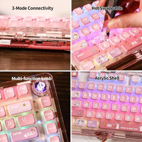 EPOMAKER x LEOBOG K81 Gasket-mounted Custom Mechanical Keyboard with Knob, BT5.0 2.4G/ USB-C Wired Wireless Gaming Keyboard, Hot Swappable, NKRO, for Win/Mac (Pink Bunny, Ice Crystal Switch) in Saudi Arabia