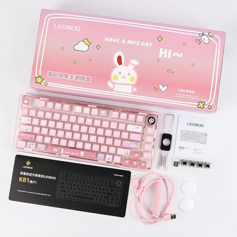 EPOMAKER x LEOBOG K81 Gasket-mounted Custom Mechanical Keyboard with Knob, BT5.0 2.4G/ USB-C Wired Wireless Gaming Keyboard, Hot Swappable, NKRO, for Win/Mac (Pink Bunny, Ice Crystal Switch) in Saudi Arabia
