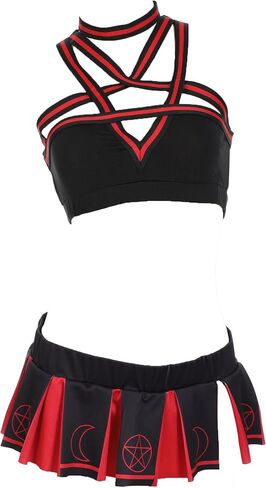 MEOWCOS Demon Cheerleader Gothic Lingerie Set Red Pentagram Design Top Bra and Skirt Set in Saudi Arabia