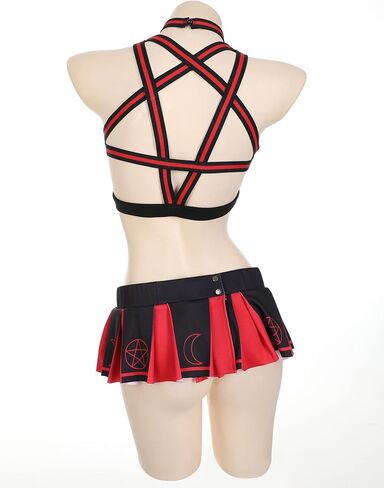 MEOWCOS Demon Cheerleader Gothic Lingerie Set Red Pentagram Design Top Bra and Skirt Set in Saudi Arabia